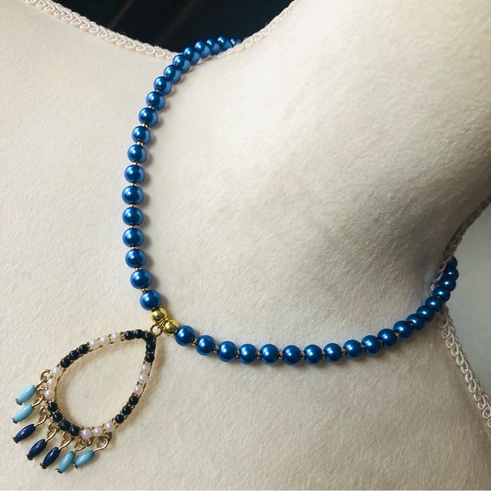 Handcrafted repurpose teardrop beaded pendant Czech glass Pearl necklace